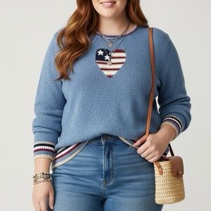 VINTAGE 90’s American Flag Heart Blue Crochet Knit Crew Neck Grandma Sweater 1X